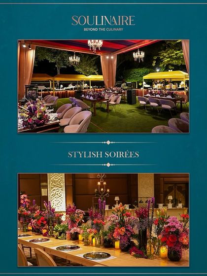 A collage showcasing our capabilities for stylish soirées, from elegant outdoor setups to beautiful floral-laden tables. We transform any space into a venue for a masterpiece event.
