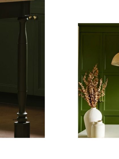 The turned wood leg of the kitchen island is a small, crafted detail that adds a bespoke feel to the space.