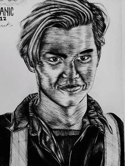 A closer look at the Jack Dawson portrait. This style uses thousands of tiny lines to build up shadow and form, creating a unique, stylized texture.