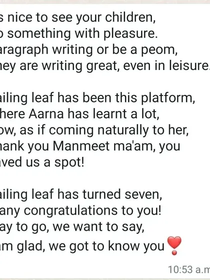 A parent sent me this lovely poem to celebrate seven years of 'Sailing Leaf'. It is beautiful to hear that her daughter is now writing with pleasure, even in her leisure time. This is the best kind of feedback, and I am so glad they found our platform.