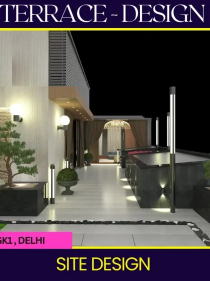 Another angle of the GK1 terrace design, showing the clean walkway and ambient lighting. We use a combination of different light fixtures to add depth and highlight key features of the landscape.