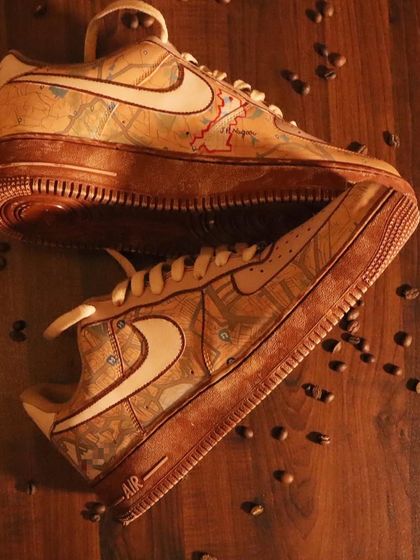 Your journey, painted on your feet. These custom Nike Air Force 1s feature a Google Maps theme painted over a coffee-dyed base. I can even highlight a specific location that’s special to you, like a neighborhood or a favorite spot.
