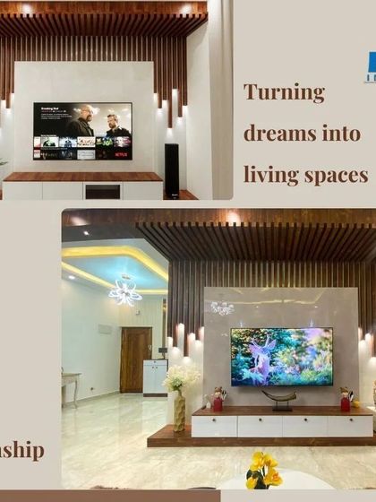 A collage of two different TV unit designs, both showcasing our signature blend of wood, ambient lighting, and modern finishes to create a stunning focal point.