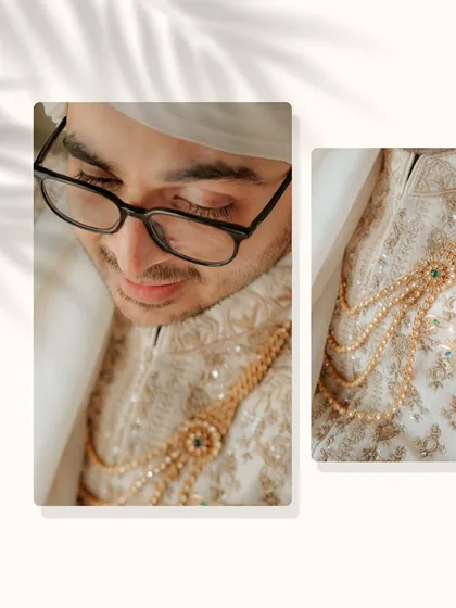 A detailed collage focusing on the groom's accessories, like his multi-layered pearl necklace, and his calm, happy expression.