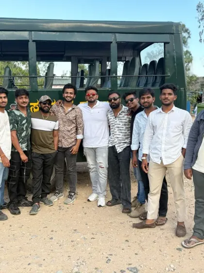 Our customized wildlife camping batch posing with the forest department's safari bus. We work with local authorities to provide an authentic and responsible safari experience.
