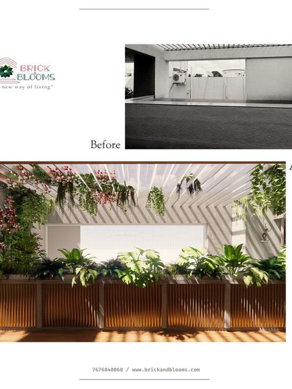 This before and after focuses on creating a green privacy screen. The bare wall and empty space are replaced with a slatted wooden planter box filled with dense foliage and hanging plants from the pergola, effectively shielding the area and adding a wall of green.