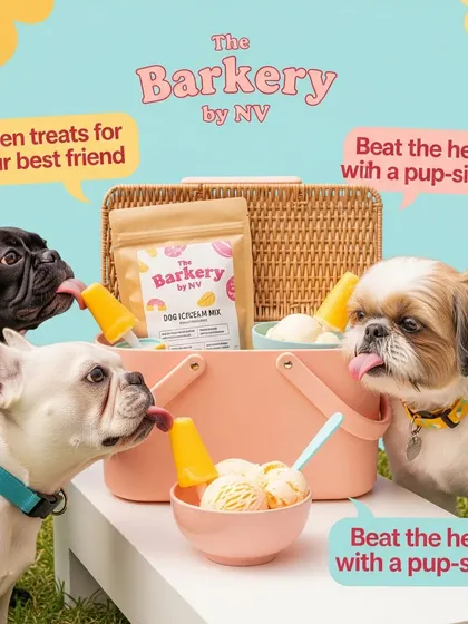 A fun picnic scene with three happy dogs enjoying their pupsicles and ice cream. My DIY ice cream mix is perfect for playdates and parties, letting every best friend beat the heat.