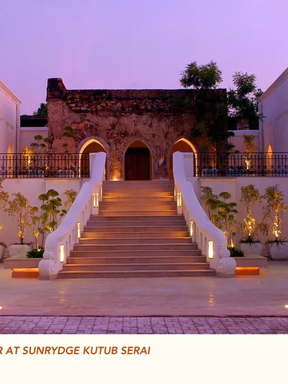 By embracing adaptive reuse, we honor history while designing for the future. The foyer at Sunrydge Kutub Serai showcases this philosophy, where we preserved the soul of a heritage structure while introducing a grand, contemporary staircase to create a new spatial narrative.