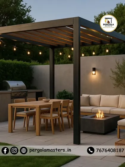 An ideal setup for outdoor dining and entertainment. This rafter pergola shelters a complete outdoor kitchen and lounge area, featuring a fire pit that adds warmth and ambiance for year-round enjoyment.