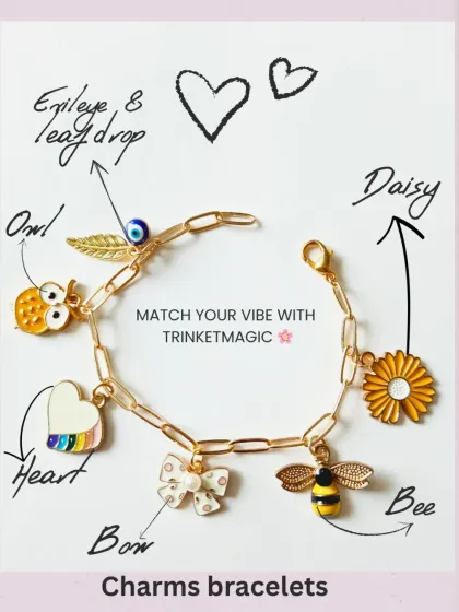 This bracelet tells a story. A customer wanted something special for her daughter, so we picked charms that matched her personality: a daisy for her smile, a bee for her energy, and an evil eye for protection. I can do the same for you.