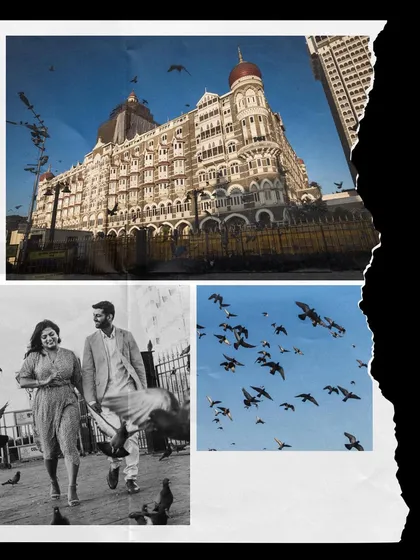 A creative collage capturing the essence of a Mumbai love story, blending a portrait with architectural details and the iconic pigeons at the Gateway of India.