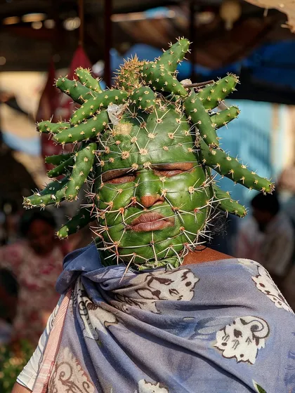 A female figure from the 'Cactogenesis' series, her face a mask of prickly pear. The series imagines how different people might be affected by this mutation.