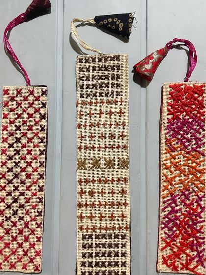 Bookmarks made by my own grandchildren during their vacation. It was a joy to see them experience the calm and productivity of hand embroidery.