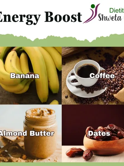 Need an energy boost that also benefits your skin? Bananas, coffee, almond butter, and dates provide sustained energy and nutrients for a healthy glow.
