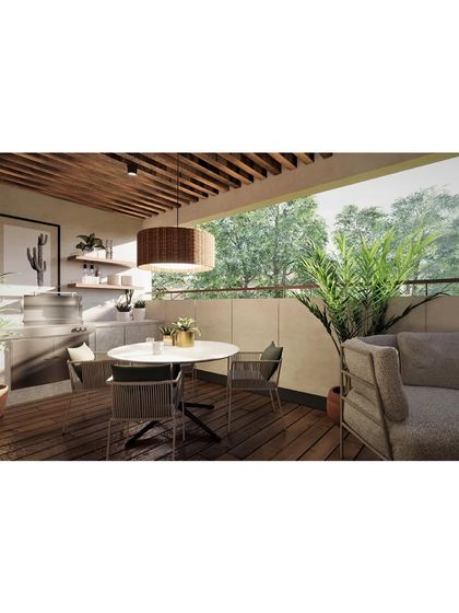 This render visualizes the outdoor deck for 'Residence at Hutchins', complete with a dining area and open pantry to make the most of the weather.