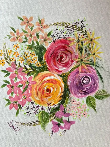 A simple, joyful bouquet of flowers painted with acrylics. This is a perfect example of what we can create in my beginner painting classes, focusing on loose brushstrokes and happy colors.