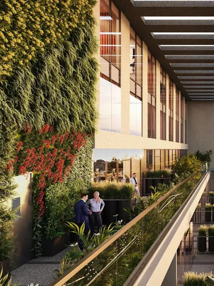 A close-up of a vertical garden on the Narmada tower's facade. My aim is to integrate biophilic design to create a commercial building that is both aesthetically pleasing and comfortable for its users.