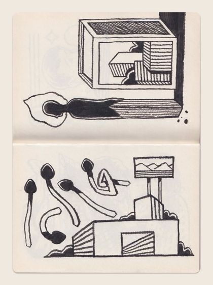 A sketchbook spread playing with the imagery of matchsticks, representing ideas of burnout, potential, and destruction.