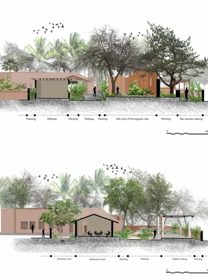 Architectural section drawings for the Sanctuary Bar & Kitchen project. These visuals illustrate how the new design elements were planned to integrate with the existing ruins and landscape.