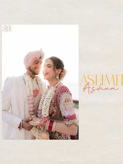 A happy, sun-kissed portrait of the couple, Ashmit and Ashna. Their genuine smiles and the warm light create a feeling of pure joy and love on their wedding day in Goa.