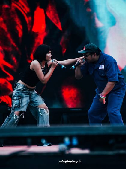 Artists Reble and Kim the Beloved share the mic during their energetic set at Rolling Loud India. This shot captures the dynamic chemistry and collaborative energy of a duo performance.