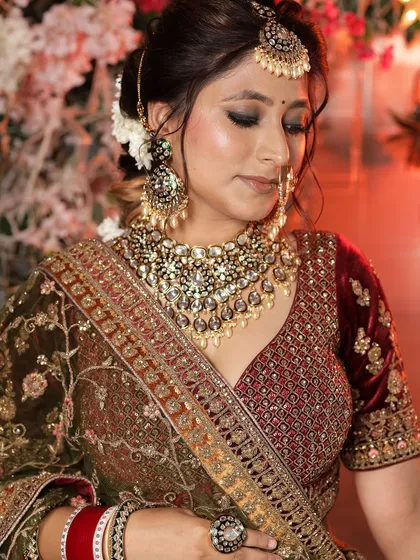 A complete set of images showcasing a bride in a heavy, multi-toned velvet lehenga. The series provides a full 360-degree view, perfect for client consultations.