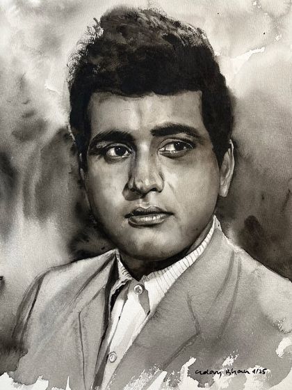 A tribute to the cinematic legend Manoj Kumar, known as 'Bharat Kumar'. This monochrome watercolor from my workshop captures his thoughtful expression.
