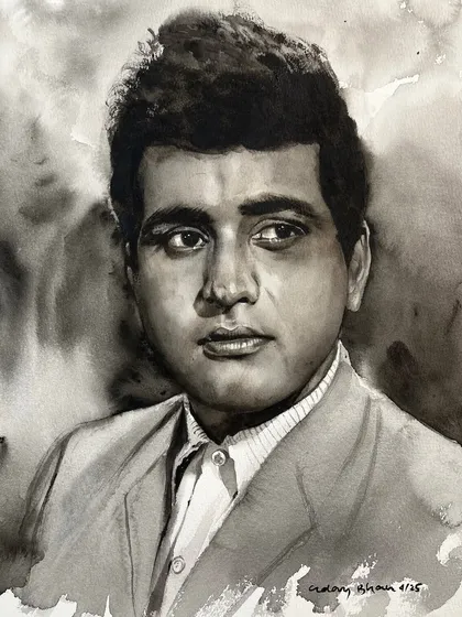 My tribute to the actor Manoj Kumar, known as 'Bharat Kumar'. This monochrome portrait was painted during a workshop to honor his legacy in Indian cinema.