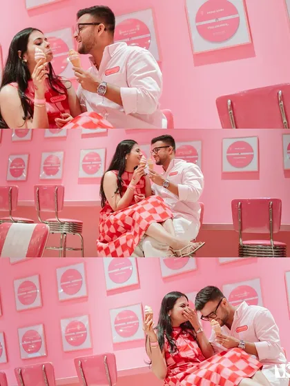 A collage of sweet moments at the Museum of Ice Cream in Singapore. From sharing an ice cream cone to laughing together, these photos tell a story of a fun and playful date.