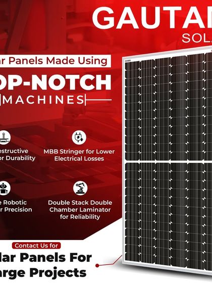Our solar panels are made using top-notch machines for superior quality. We utilize Non-Destructive Cutting for durability, MBB Stringers for lower electrical losses, precise Robotic Layup, and a Double Stack Double Chamber Laminator for reliability.