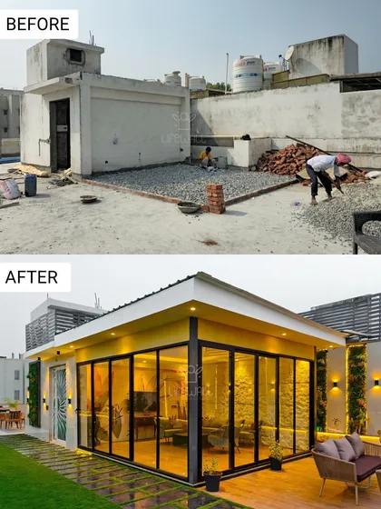 From rubble to a stunning glass house retreat. We constructed a fully enclosed porta cabin, surrounded by a manicured lawn and wooden deck, creating a perfect all-weather room with a view.