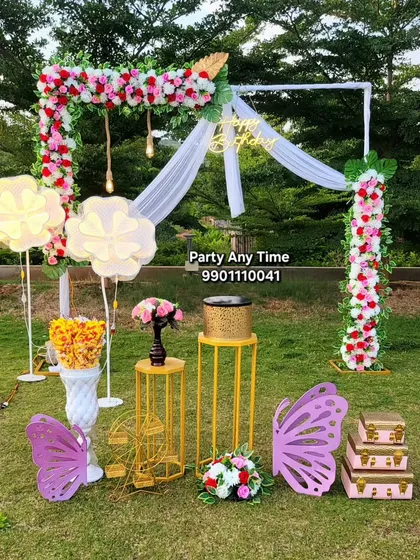 My services are not just for indoors. I can create beautiful outdoor decorations for engagements, anniversaries, or memorials, using floral arrangements, drapes, and custom props to match the setting.