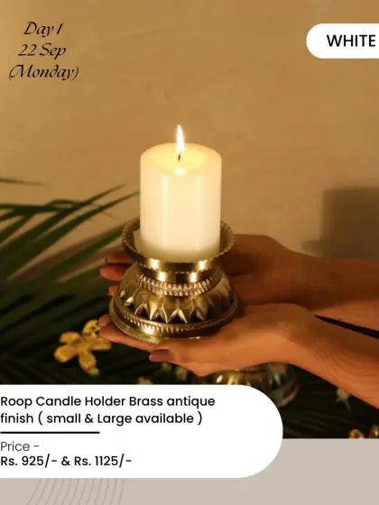 The Roop candle holder in a brass antique finish. Its classic, sturdy design makes it a perfect base for pillar candles, adding a warm and steady glow to your space.