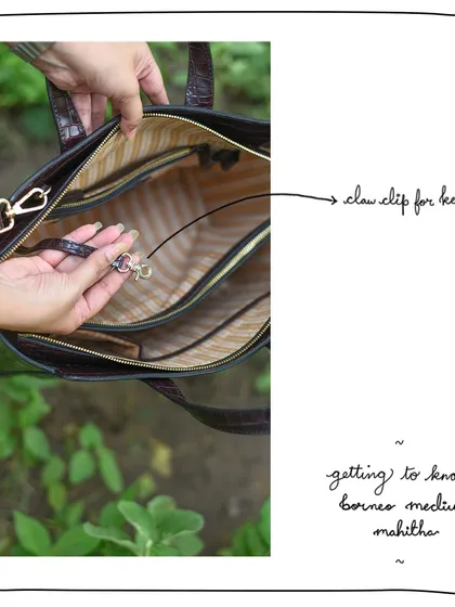 The handy claw clip for keys is also a feature in our Borneo Medium Mahitha, making your daily routine just a little bit easier.