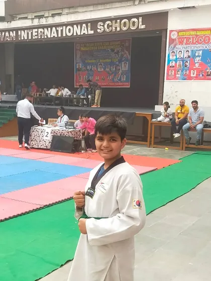 A student clinches a bronze medal at the 40th Sub Jr Delhi State Taekwondo Championship.