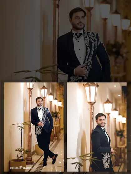 A series of stylish portraits of the groom in his embellished tuxedo, looking dapper for his engagement.