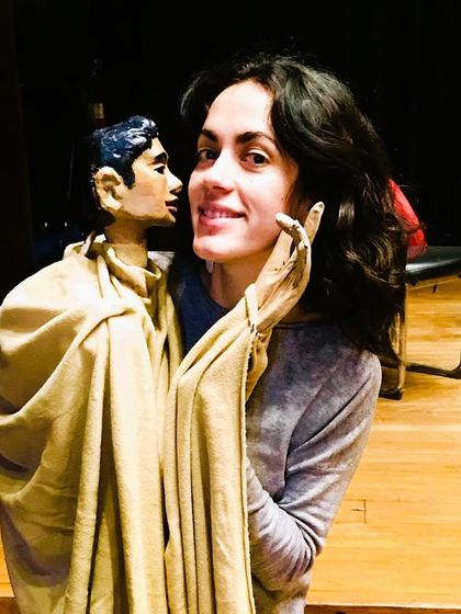 Our artistic director sharing a moment with a puppet from 'Buried Treasures'. This photo shows the deep affection and connection we have with all the elements of our productions.