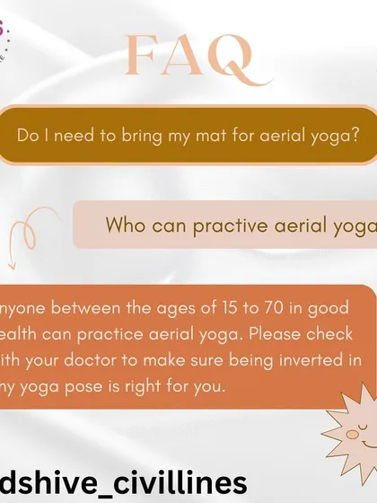 This informational graphic addresses who can practice aerial yoga. It clarifies the age range and the importance of good health, providing practical advice for anyone interested in starting their aerial yoga journey with us.