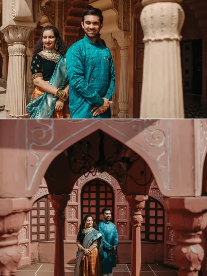A collage showing the couple exploring different parts of a heritage location. These shots highlight the grandeur and intricate details of the architecture, providing a royal backdrop for their love story.