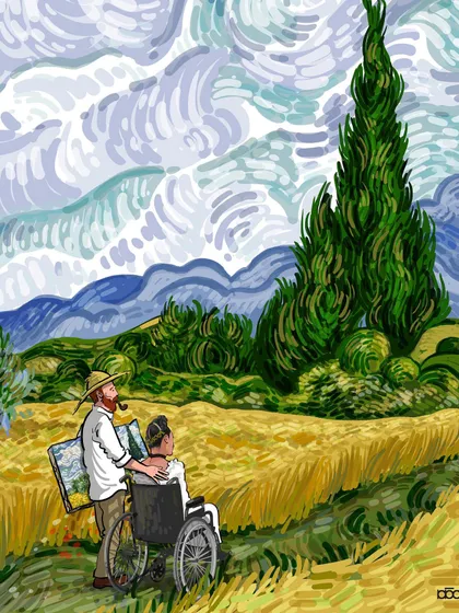 An image of love and support. Vincent pushes Frida Kahlo in a wheelchair through a golden wheatfield, both looking toward the towering cypress and swirling sky. It’s about finding strength in companionship and sharing the journey through a beautiful, if difficult, world.