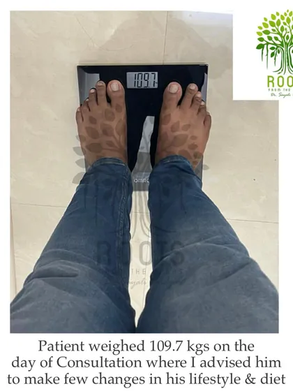 This image shows a client's starting weight of 109.7 kgs on the day of their first consultation for my Ayurvedic weight loss program. This is the first step in a journey based on sustainable lifestyle and diet changes.