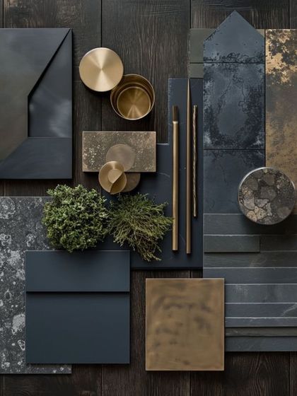 This luxury navy blue mood board shows how we combine different materials, from dark stone textures to brushed brass accents, to create a sophisticated and opulent feel.