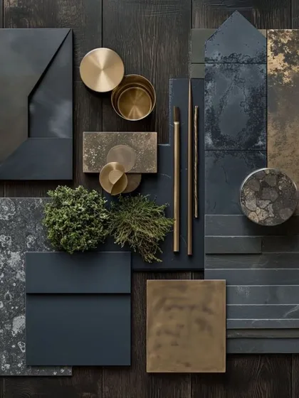 Dive into the world of opulence with our Luxury Navy Blue Mood Board. This flat-lay shows how we combine rich textures like dark stone, brushed brass, and deep blue surfaces to help you create a haven of elegance.