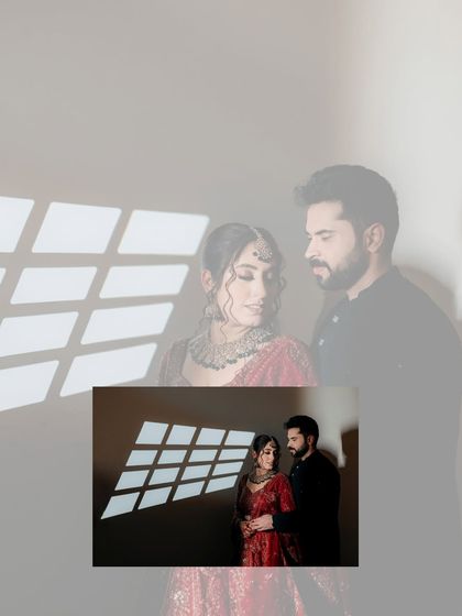 An artistic double-exposure portrait, blending a close-up with a wider shot. This creative technique adds a layer of depth and dreaminess to their engagement story.