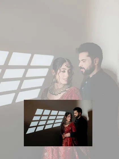 An artistic double-exposure shot of Vasu and Shilpi, blending a close-up with a wider frame. This creative technique adds a dreamy, ethereal quality to their reception portraits.
