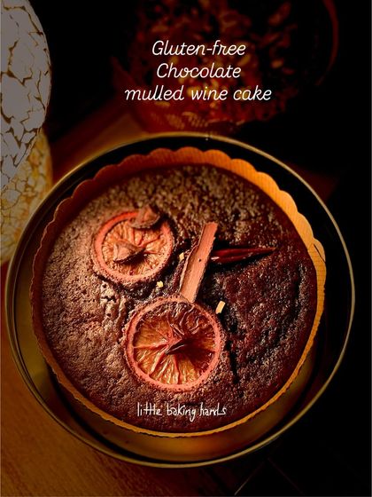 A closer look at my Gluten-Free Chocolate Mulled Wine Cake. I make this with sorghum flour and decorate it with dehydrated orange and a cinnamon stick for that festive touch.