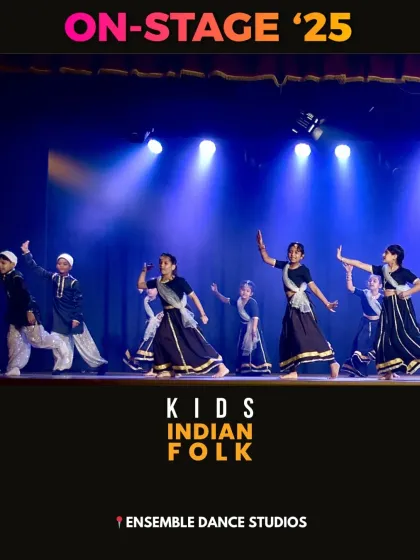 Our kids' Indian folk dance group on stage. These classes are a wonderful way for children to connect with cultural traditions through the art of dance.