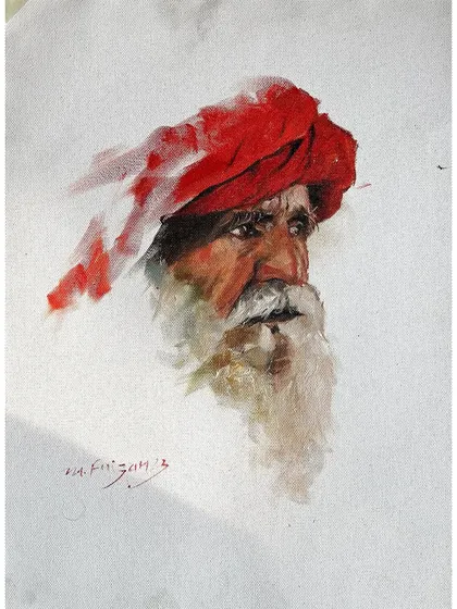 A quick oil portrait study on canvas. Sometimes the most spontaneous paintings capture the most energy. Here, I focused on the form and the vibrant red of the turban with loose, confident brushstrokes.