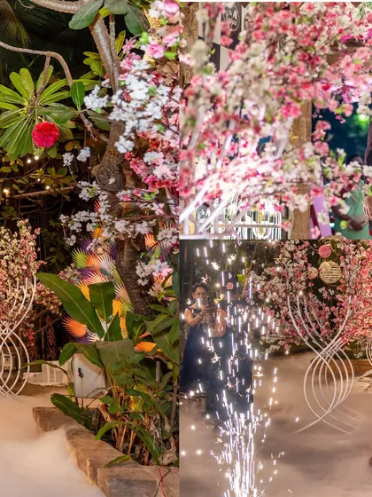 A creative collage showing the beautiful floral decor and the couple's energetic entrance with cold pyro effects.