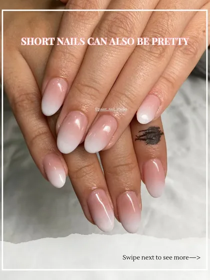 A beautiful baby boomer (ombré French) manicure on a shorter, natural nail length. It's a timeless and elegant look that elongates the fingers.